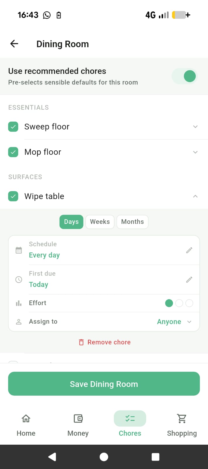 Chore tracker showing assigned tasks and completion status