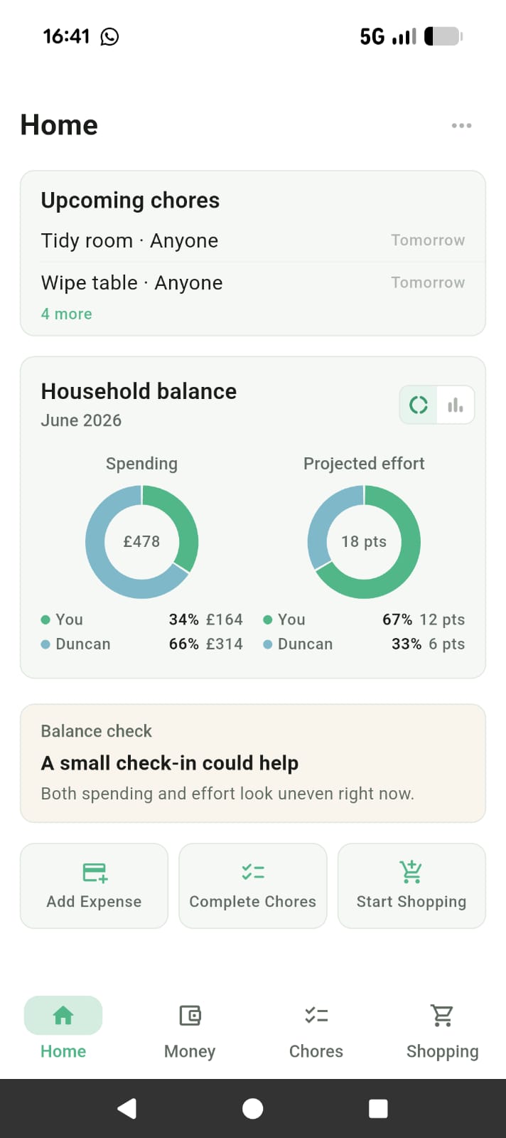 Equalize dashboard showing household balance and spending overview